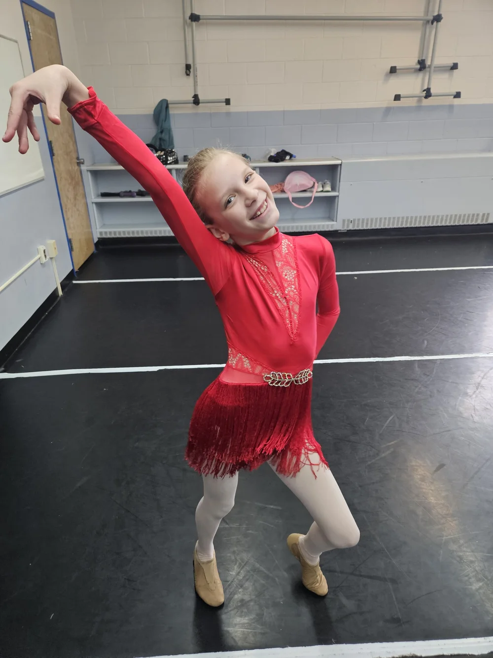 Weissman Red Fringe Dance Costume with Lace and Rhinestone Belt